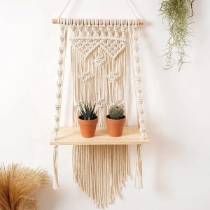 Nordic plant hanging shelf with 39x13cm wooden base and macrame cord displaying potted plants on a neutral wall from Posh Place Africa